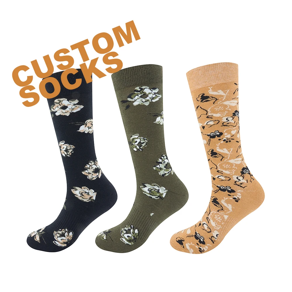 Dress Crew Jacquard Custom Socks Design Flowery Socks Combed Cotton Free Mockup Low MOQ