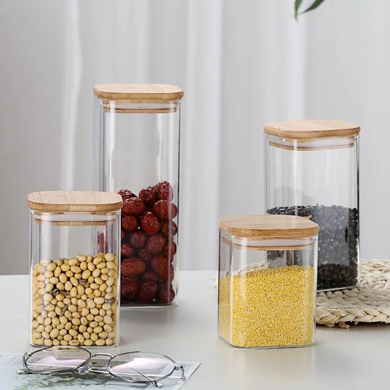 Square Airtight Kitchen Organizer Transparent Glass Food Storage Jars With Bamboo Lids