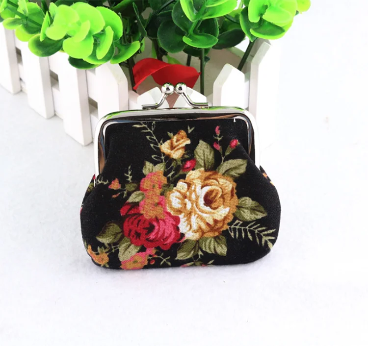 Wholesale custom printed rose mini coin purse canvas fabric buckle coin purse