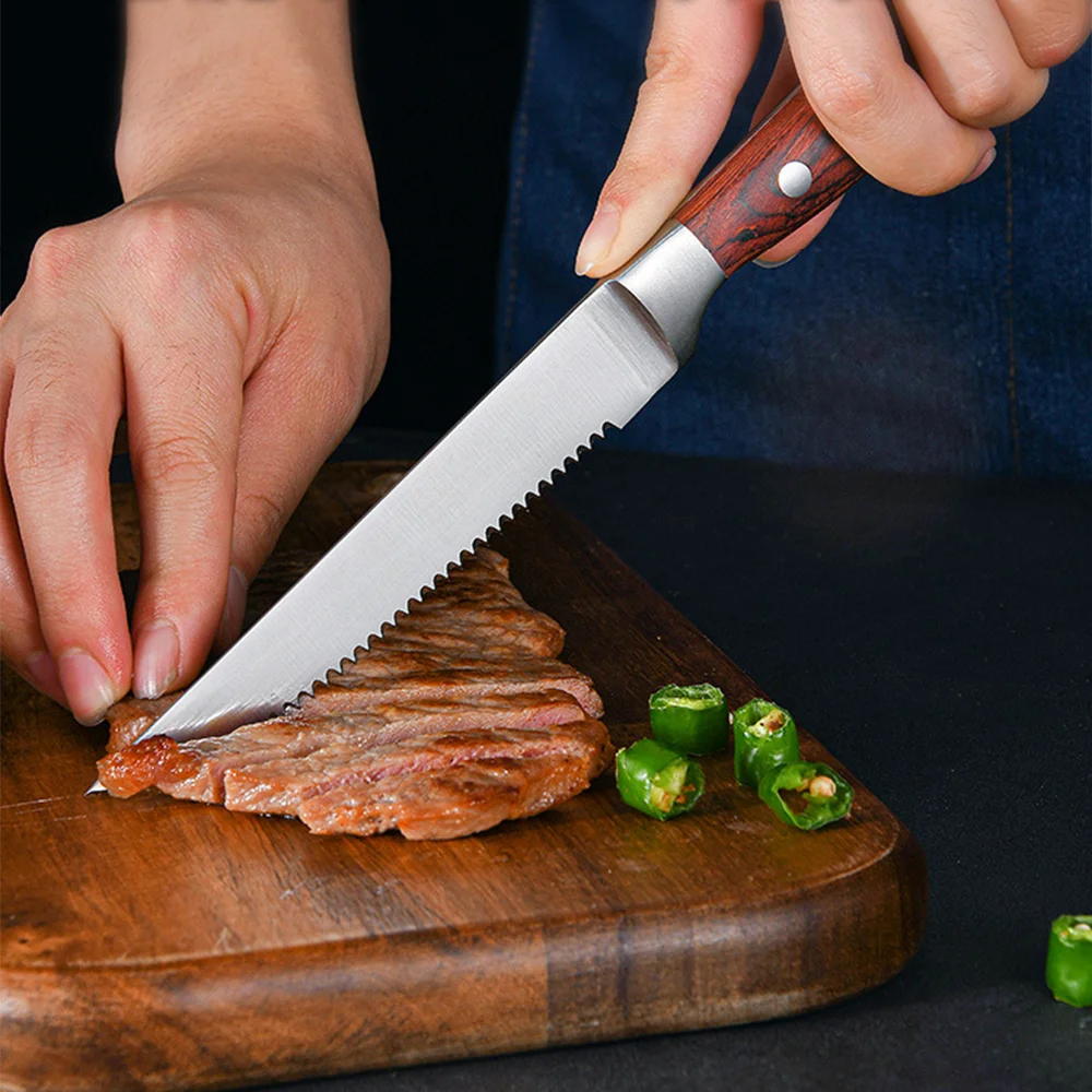 Premium Custom Logo Bulk Buy Sale German High Carbon Stainless Steel Serrated Kitchen Steak Knives Blanks Set with Wood Handle