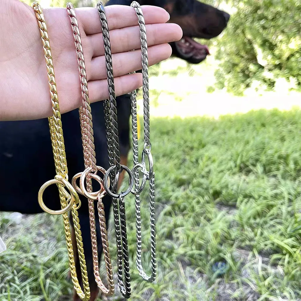 Wholesale pets accessories Gold Silver Black 3/4/5mm solid snake serpentine metal dog training choke chain collar