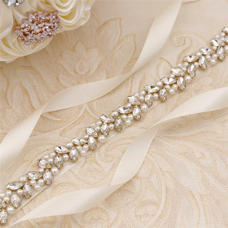 
Handmade Gold Crystal Pearl Rhinestone Wedding Belt Beaded Applique Iron on Satin Ribbon Wed Bride Belt 