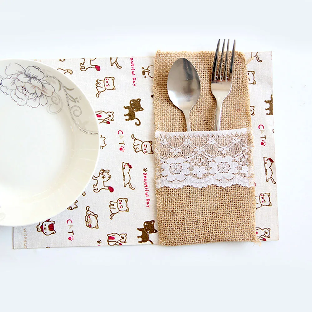 Retro Hessian Jute Burlap Lace Linen Cutlery Pouch Holder Bag for Wedding Party Table Decoration Supplies