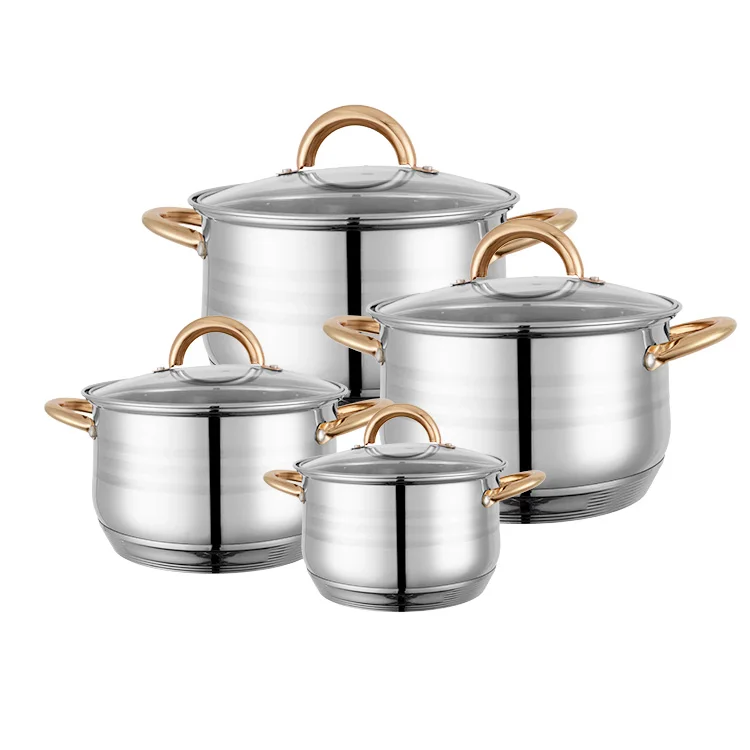 Supply Amazon wholesale 8pcs golden plated handles stainless steel cookware set for gas burner induction cooker cooking pot set