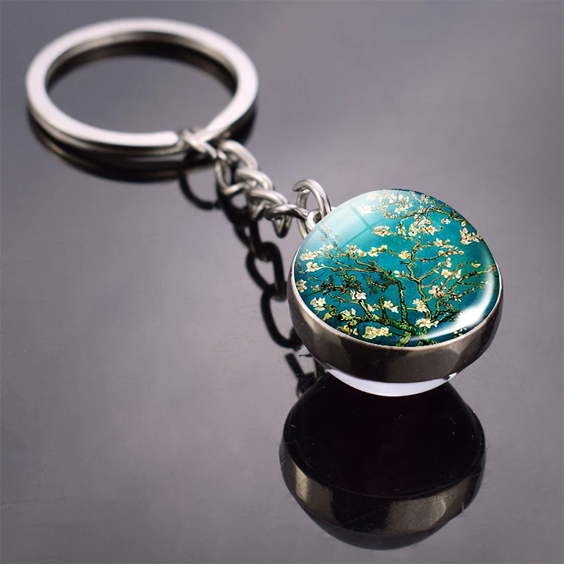 Van Gogh Famous Oil Painting Trinket Sunflowers Starry Night Double Side Keychain Glass Ball Keyring Pendant Key Holder