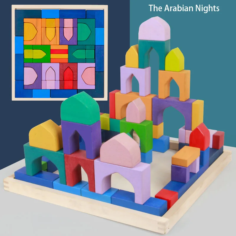 Wooden Building Blocks Set -Large Rainbow Wood Blocks in Colors and Shapes(The Arabian Nights/4 Elements/Castle/Soccer Field)