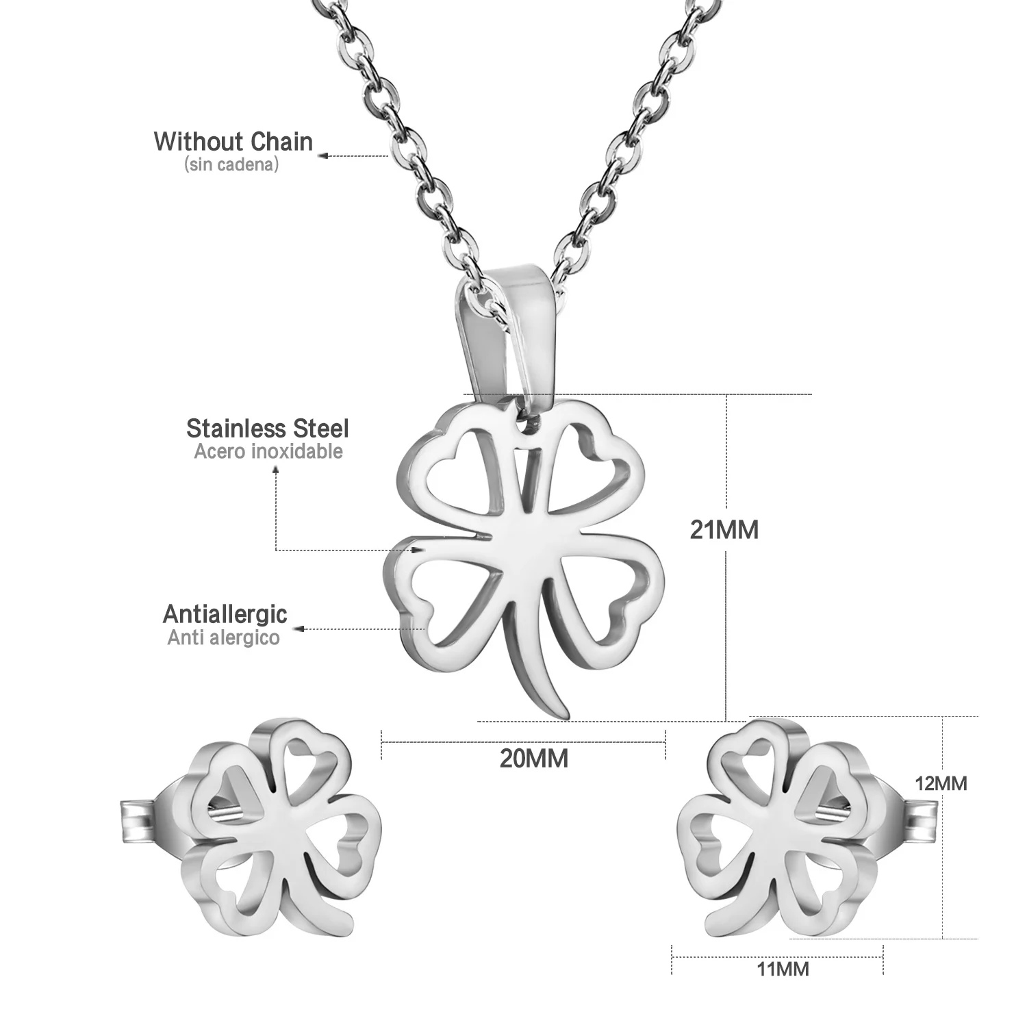 Wholesale Women Stainless Steel 18K Gold Plated Lucky Pendant Necklace Earring Set Jewelry Set Jewellery