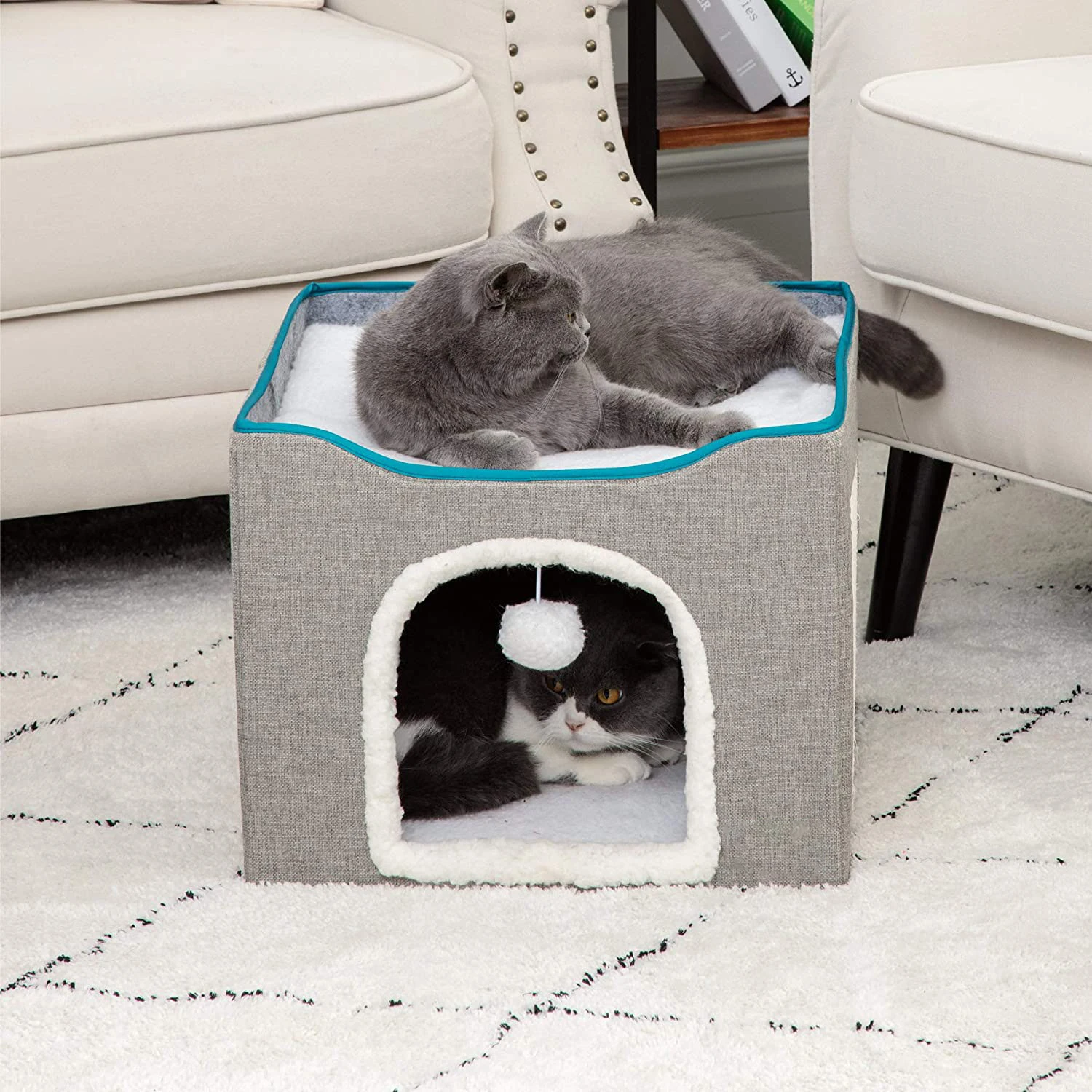 Cat Beds for Indoor Foldable Large Cat House for Pet Cat Cave with Scratch Pad Pet Scratcher with Hanging Ball