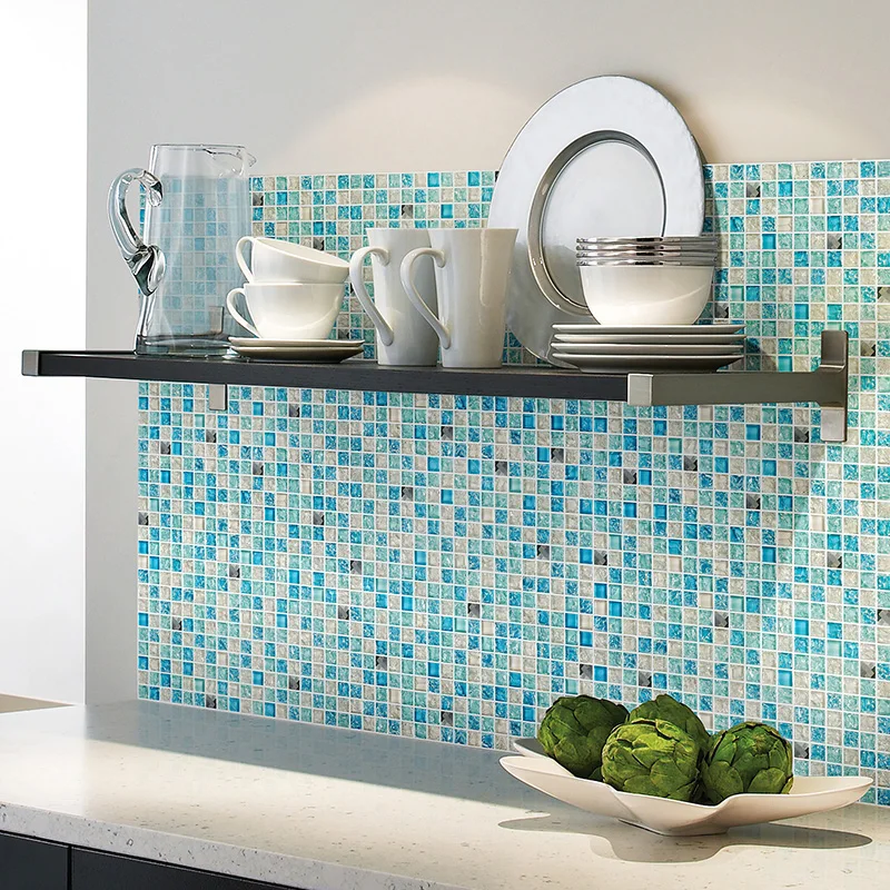 KASARO Blue Color Glass Mosaic Tile Peel And Stick Glass Mosaic Tile Squares With Mesh
