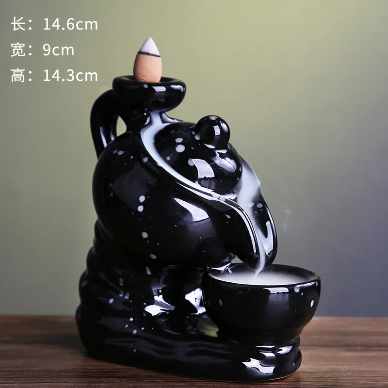 Hot sale ceramic fresh air coffee pot backflow burner, black teapot incense waterfall burner holder wholesale