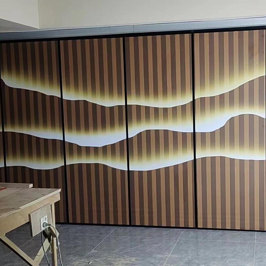 Hotel customizable finishes temporary mobile divider aluminum frame sliding folding wooden acoustic movable wall partitioning