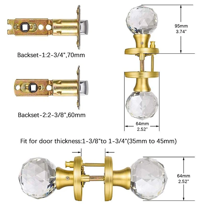 Satin Brass Crystal Glass Door Knobs Interior with Lock Privacy Bathroom Bedroom Gold Door Knobs Door Lock