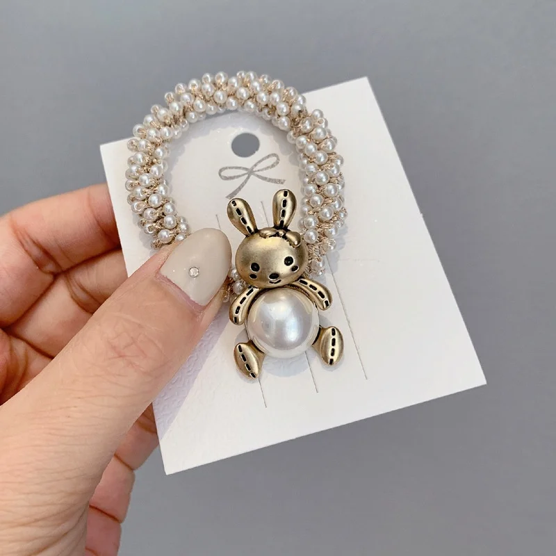 New Pearl Elastic Hair Bands Ties Women Girls Sweet Alloy Bear Rubber Headband Hair Ropes Fashion Hair Accessories Handmade Band
