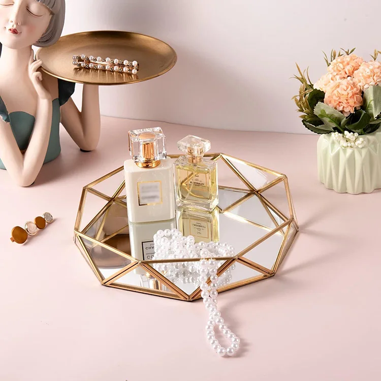 Gold Glass Perfume Tray Mirror Vanity Jewelry Trinket Organizer Tray Cosmetic Makeup Geometric Shape Display Decorative Tray