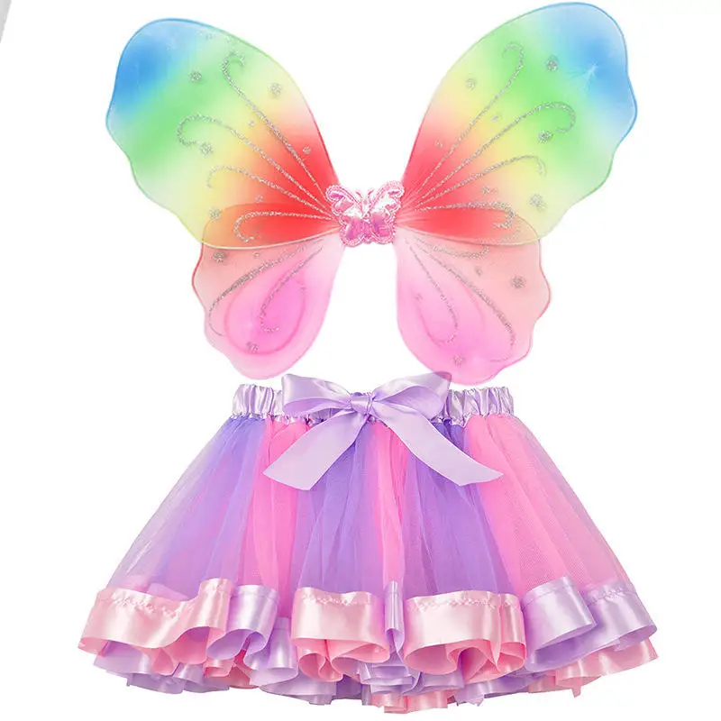 Halloween Fairy Tutu Dress Butterfly Rainbow Wings Cosplay Party Costume for Girls