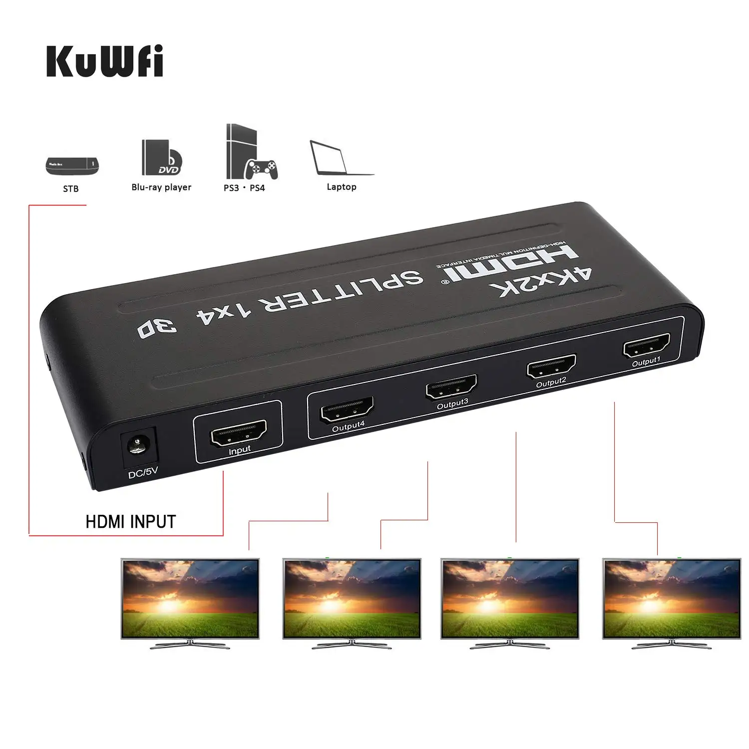 Hd 3D 1080P совместимый Hdmi сплиттер 1 в 4 выход 4K переключатель с металлической коробкой и позолоченными разъемами