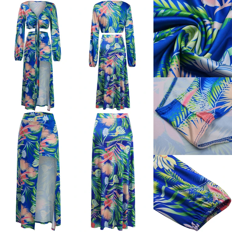 
2021 Hot Solid Color Sleeve V-Neck Print Big Swing Long Sleeve Swimwear & Beachwear Two Pieces Swimming Set Women Girls Bikini 