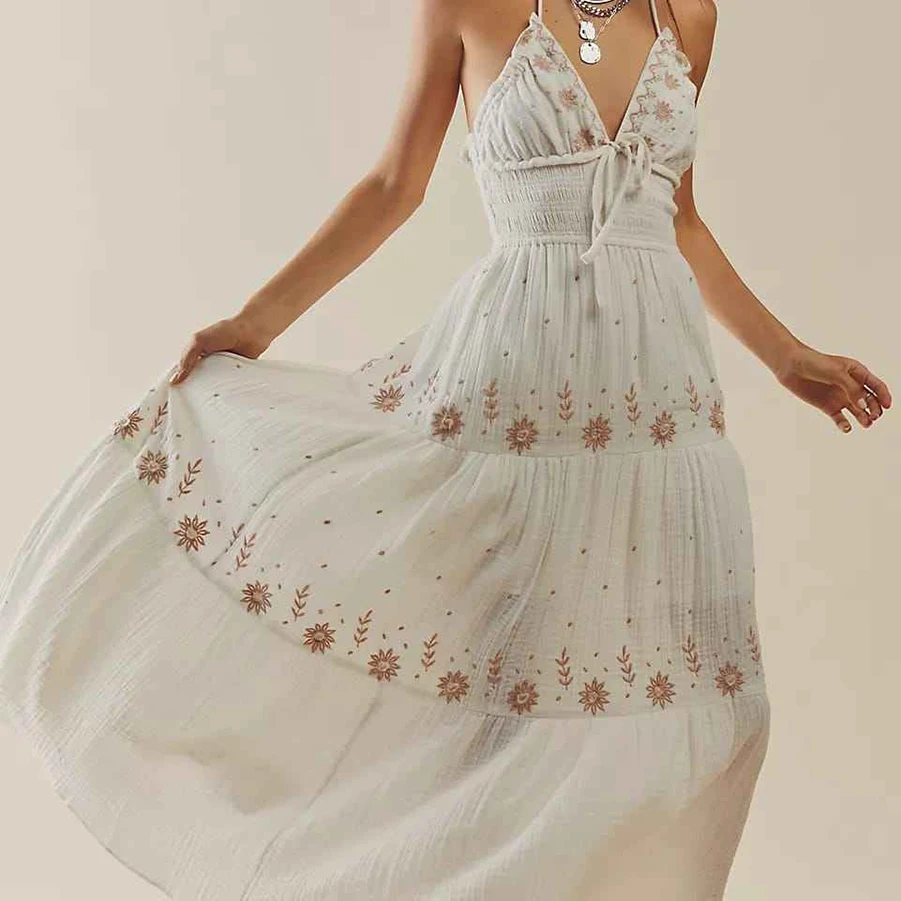 Wholesale Long Dress Hot Sale Casual Dresses Ladies Bohemian Sundress Backless Smocking Maxi Dress