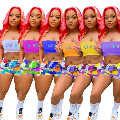 2021 Summer Sets Women Clothing Gym Tube Top Shorts Two Piece Sweat Board Shorts Two Piece Short Set