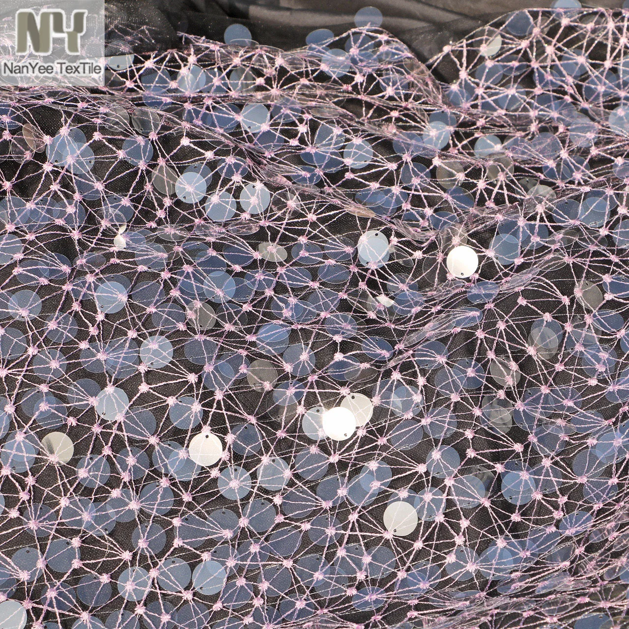 Nanyee Textile Pink Lurex Spider Net Starburst Embroidery Mesh 18MM Transparent Sequins