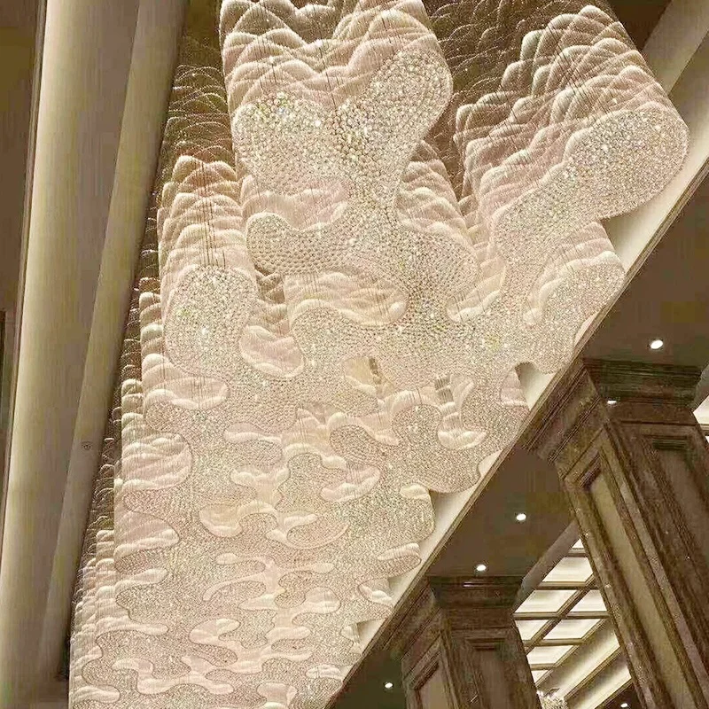 Lobby Ceiling Crystal Lighting Fixtures Chandeliers Luxury Contemporary Reception Room Banquet Hall Smooth Running Large Hotel