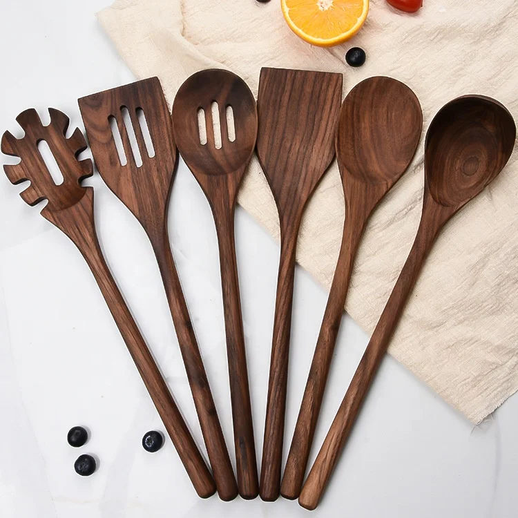 black walnut Wooden Spoons Utensils For Cooking Set With Spoon Rest Comfort Grip 6pces a set