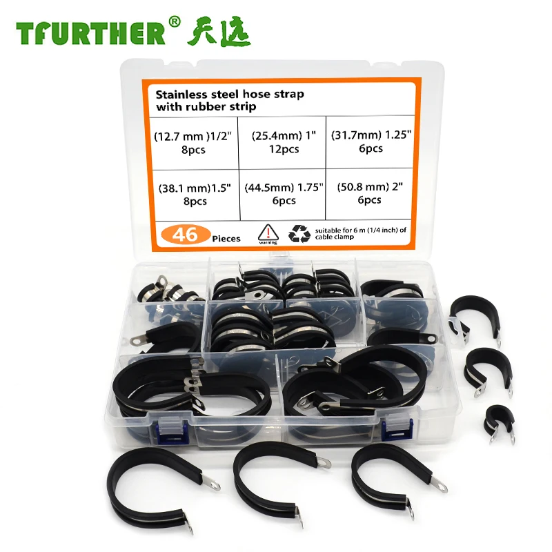 Stainless steel hose clamp with rubber strip fixed clamp 46PCS set