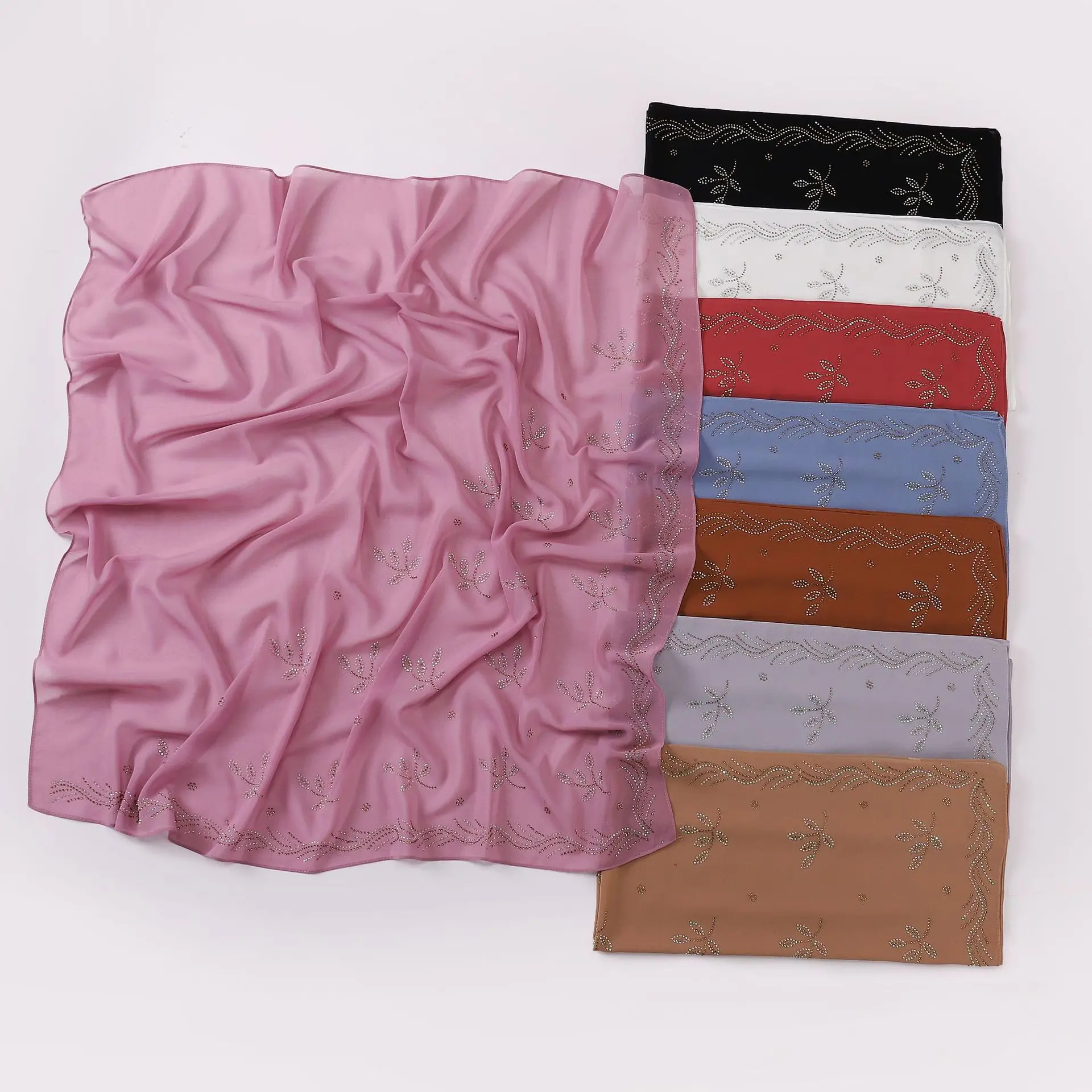 New Pearl Chiffon Leaf  90Cm Square High Quality Chiffon Hijab Soft Breathable Small Fresh Headscarf Chiffon Hijab Double Loop