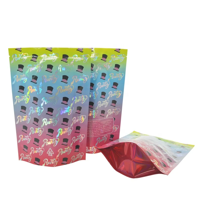 
100 PCS Laser Holographic Runtz Color Bag Stand Up Pouches Customized Printing CBD Candy Gummy Smell Proof Zipper 3.5g 28g Bags 