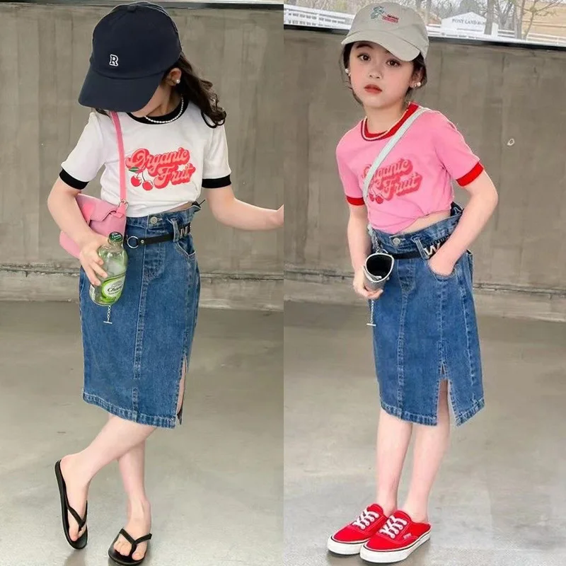 Hot Sale Summer Children Clothes Sets 120-170cm Girls Cherry Pattern Shirt And Cowboy Skirt Shorts Casual 2 Pcs Sets