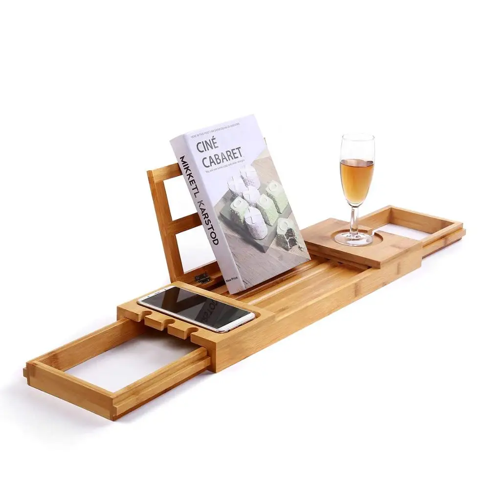 Premium 100% Natural Expandable Bamboo Bathtub Caddy Bath Tub Tray Bridge