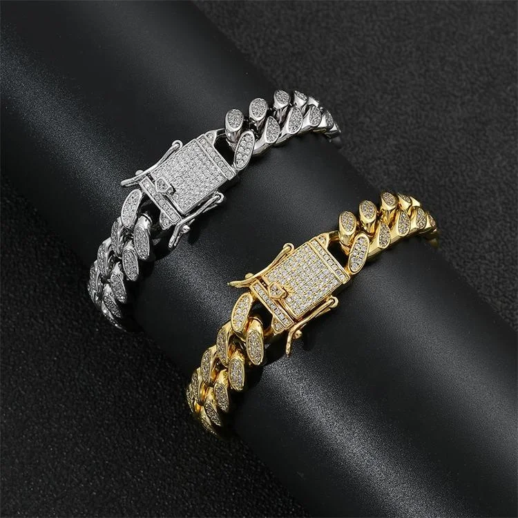 Stock real gold color miami jewelry brass 12mm width zircon cuban chain bracelet