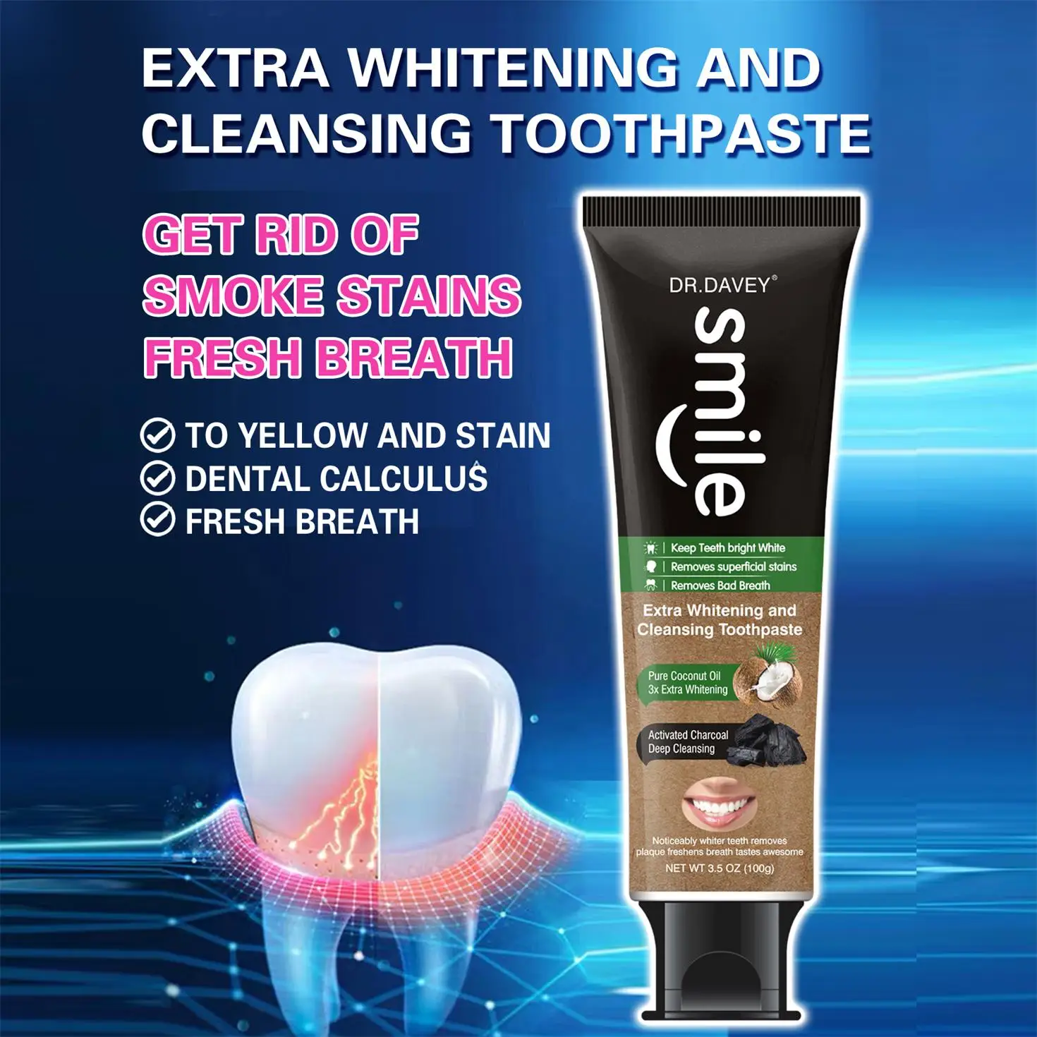 Dr.Davey Powerful Whitening Toothpaste Contains With Charcoal Coconut Oil Remove Tartar and Dentine