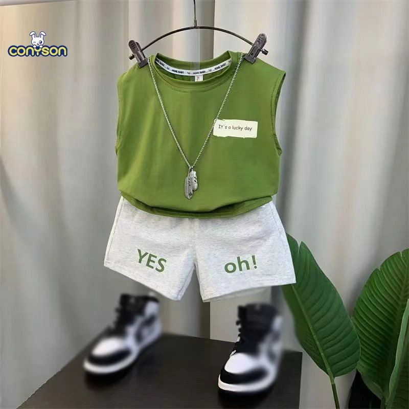 Conyson Latest Design Wholesale Summer Two Piece Clothing Letter Print Set Cotton Sleeveless Boys Baby Kids Clothes Sets