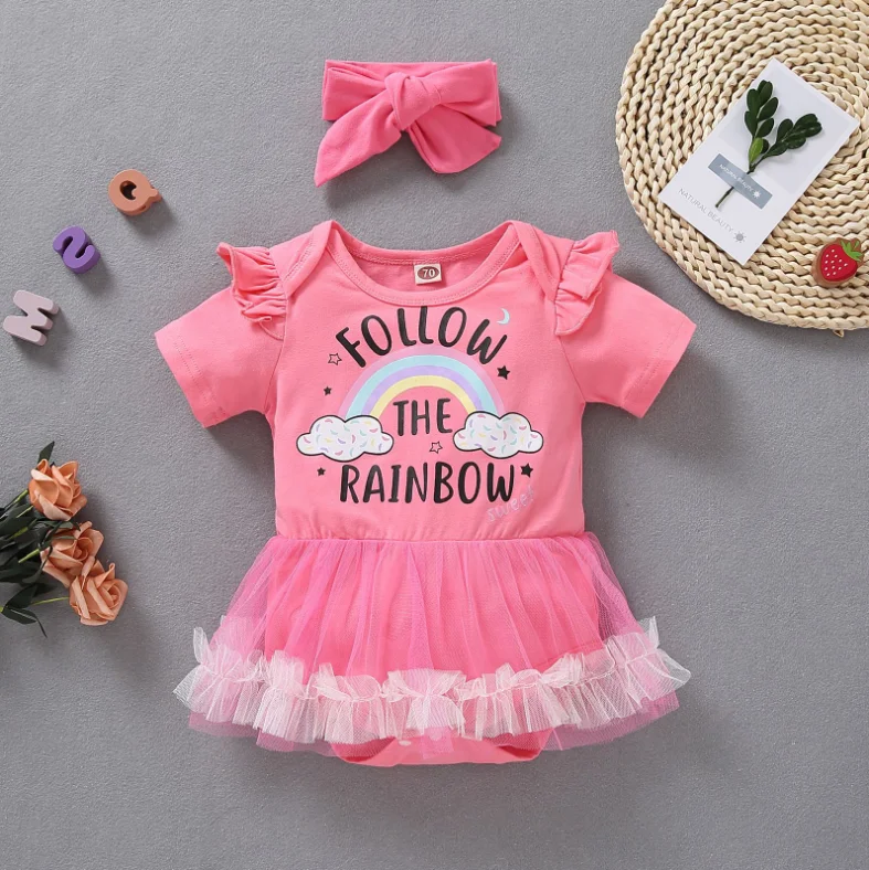 Wholesale Baby short sleeve for summer letter printing tulle skirt Baby girls Romper