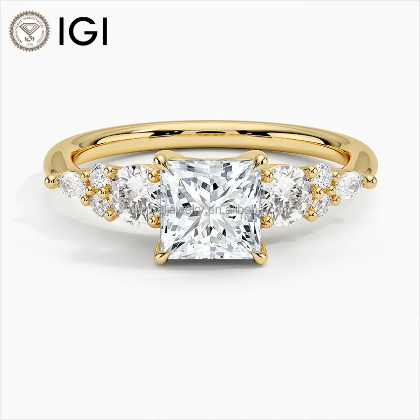 CVD/HPHT принцесса вырезать IGI лабораторное выращенное бриллиантовое кольцо 10K 14K 18K AU750 из цельного золота 1ct 1.5ct 2ct три камня обручальное