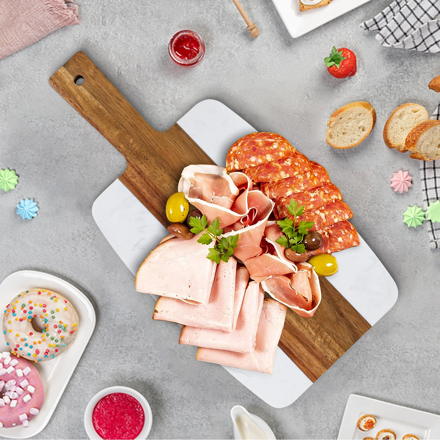 GL Large Size Marble Acacia Wood Cutting Board Double-sided Cheese Serving Board With Hanging Hole