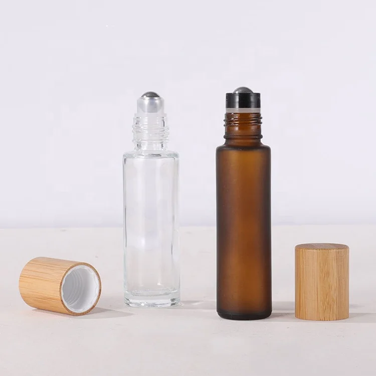 15 ml clear frosted amber matte amber glass tubing roller bottles with stainless steel and bamboo lid