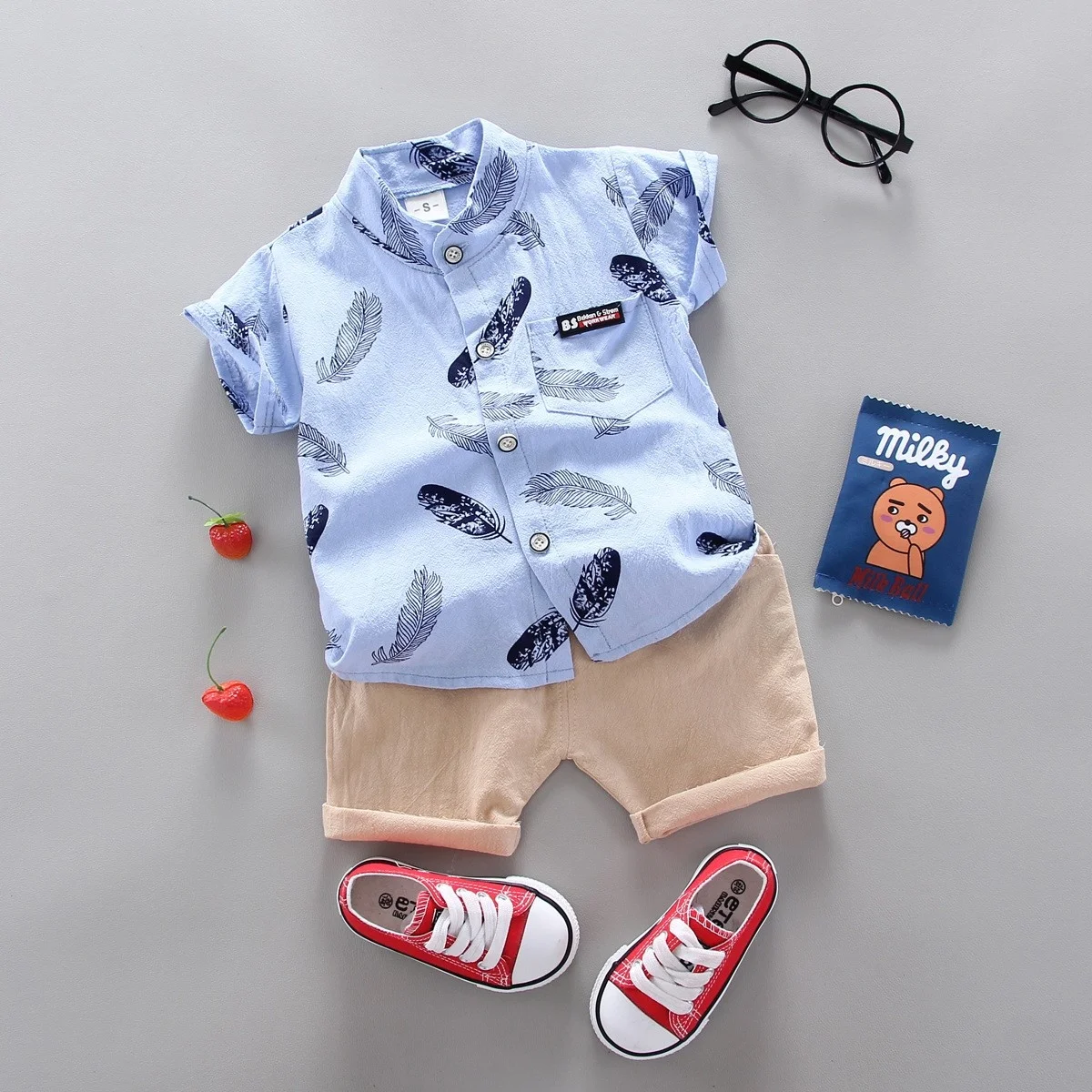 2023 Summer Kids Boys Clothing Short Sleeve Single Breasted Stand Collar Feather Print Shirt Shorts 2 Piece Children Clothes Set