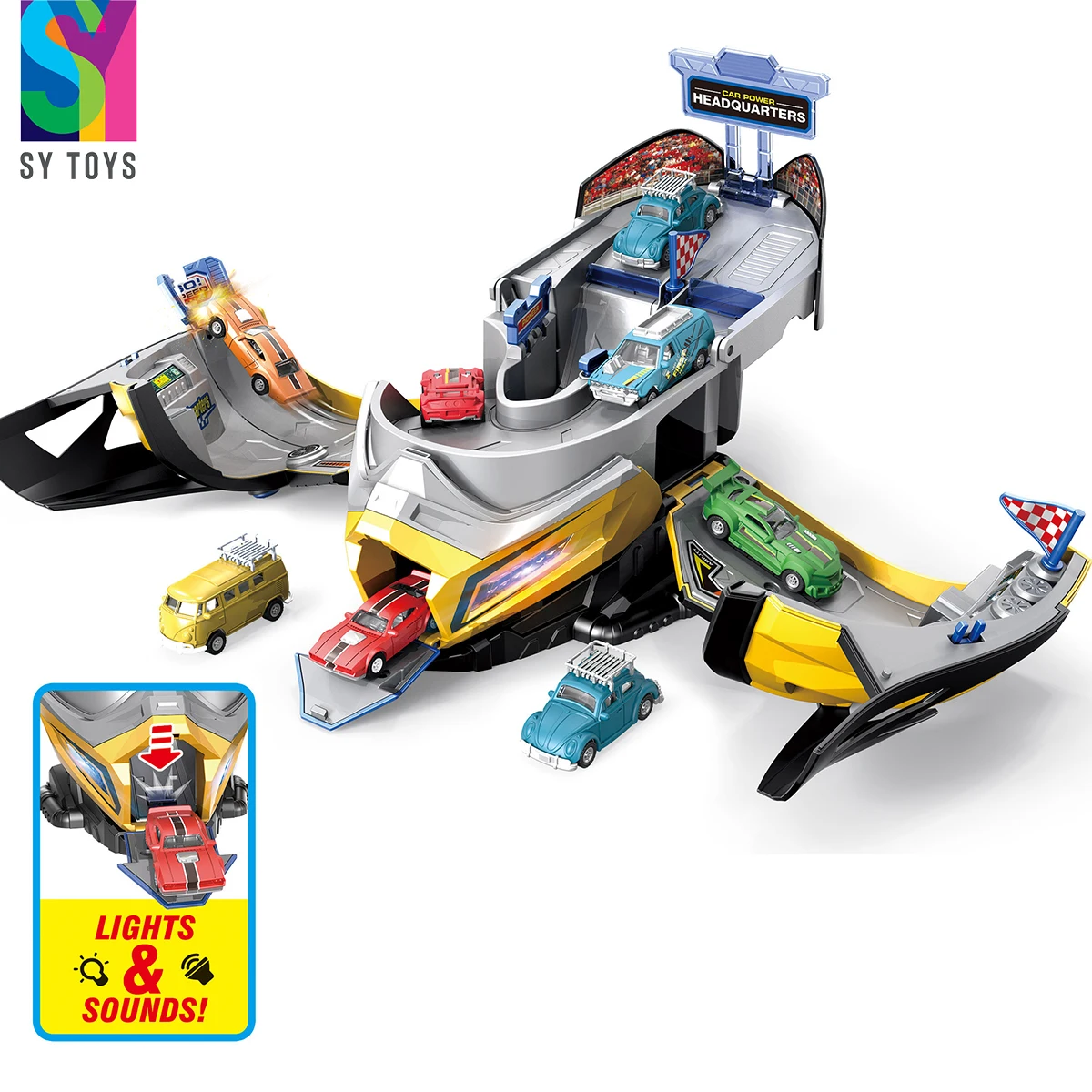 SY TOYS Unisex Plastic Airplane Garage Parking Lot Track Toy Light Car Off-Road Helmet Variant Storage Variant Storage Parking