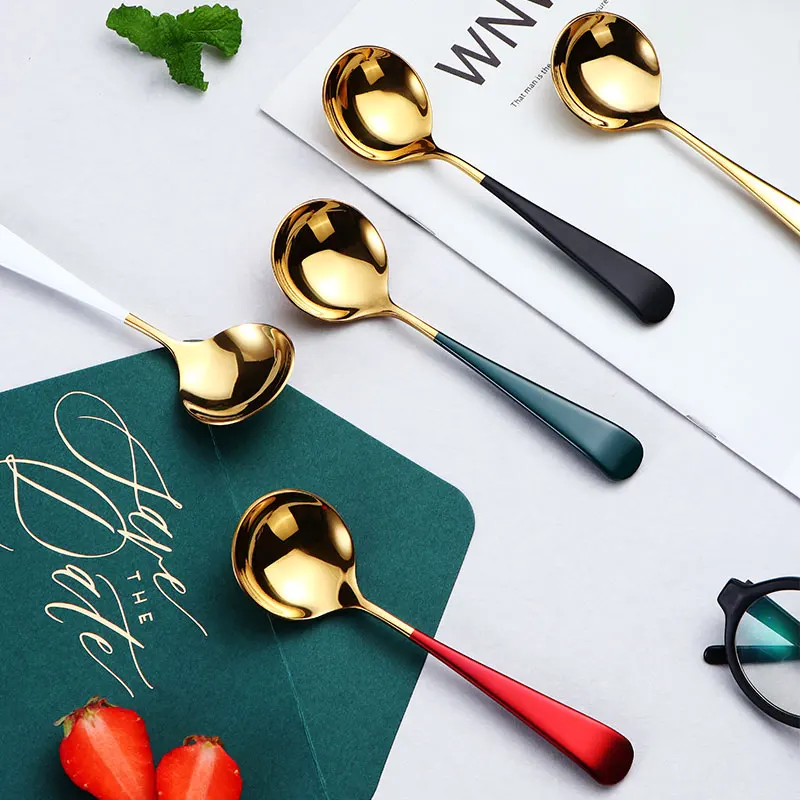 Wholesale coffee and tea tools gold cutlery round head spoon small rice soup spoon and fork set stainless steel spoon set