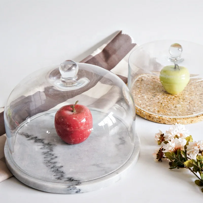 
Natural marble round base cheese dessert birthday cake display stand board with glass cover lid dome 