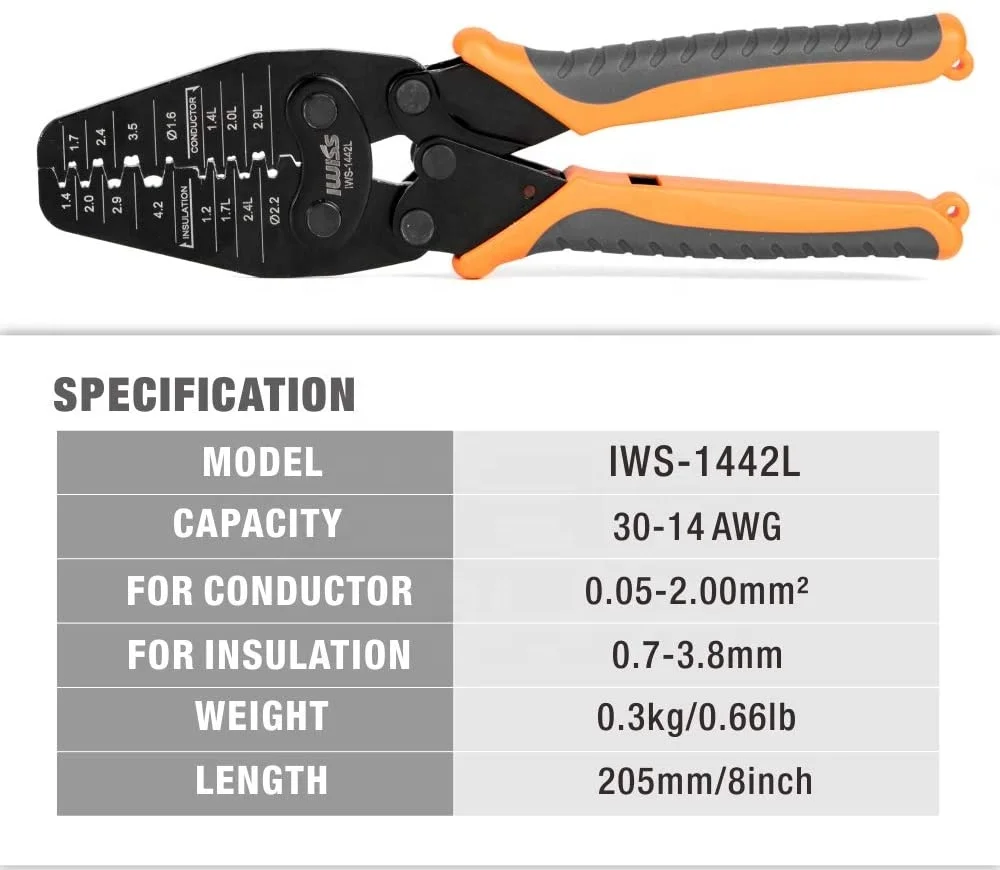 
IWISS IWS-1442L металлический инструмент, открытый цилиндр, контактные клеммы, обжимной инструмент для AWG 30-14, Электрический обжимной инструмент 