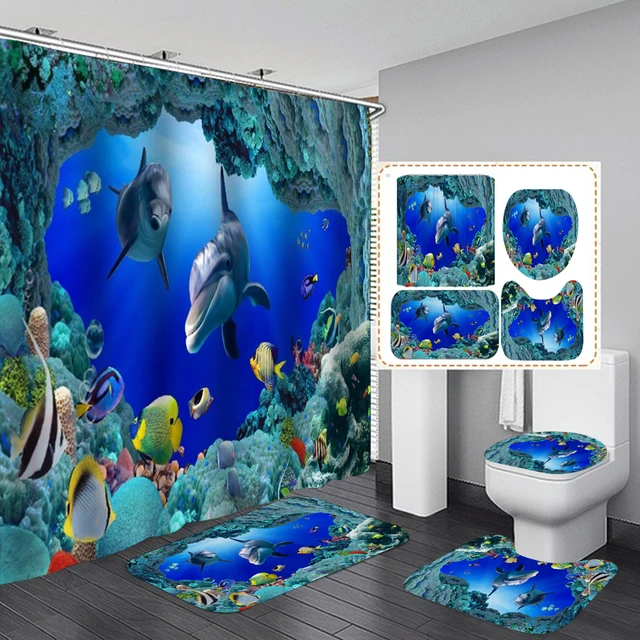 3D Ocean Design Dolphin Waterproof Fabric Bathroom Curtain Shower Curtains Set Anti-skid Rugs Toilet Lid Cover Bath Mat/