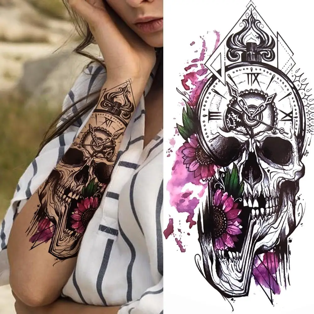 Animals Temporary Tattoos For Women Men Half Arm Sleeve, 3D Large Tribal Tiger Lion Death Skull Sexy Tattoo Stickers