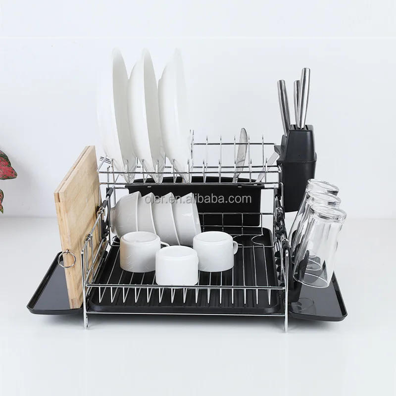 Home Organizer 2 Tier Dish Drying Rack Standing Type For Kitchen With Cup Holder And Drain Board Set