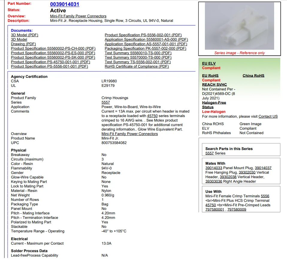 Molex 39-01-4031 Headers & Wire Housing 3 CKT Receptacle  Housing 3 Pin Female Automotive Connector