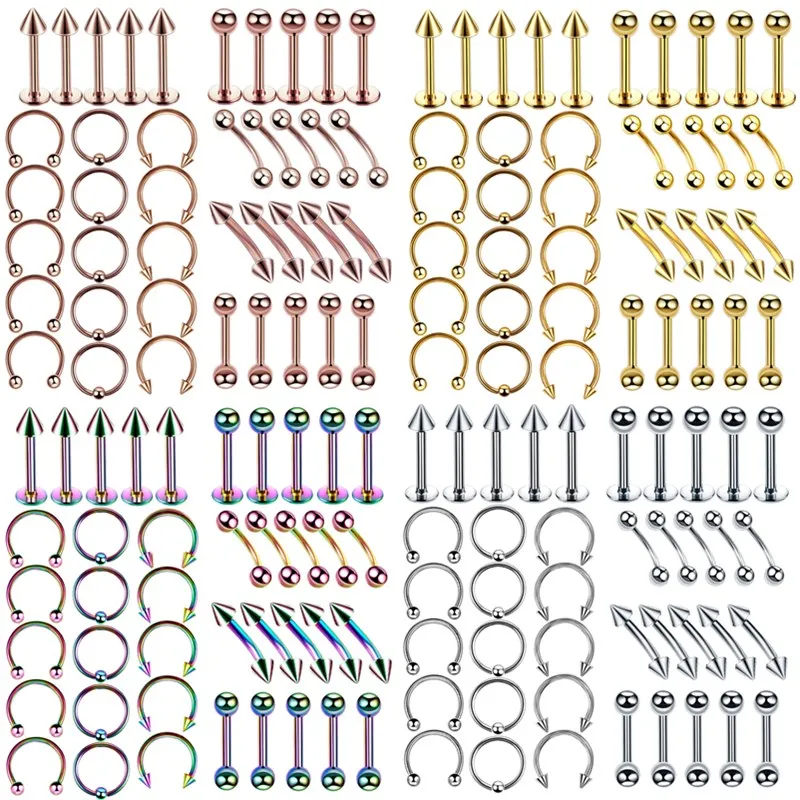 40PCS Bulk Nose Ring Tongue Bar Lot Eyebrow Labret Piercing Set Horseshoe Ring Lot Pack Surgical Steel Body Piercing Jewelry