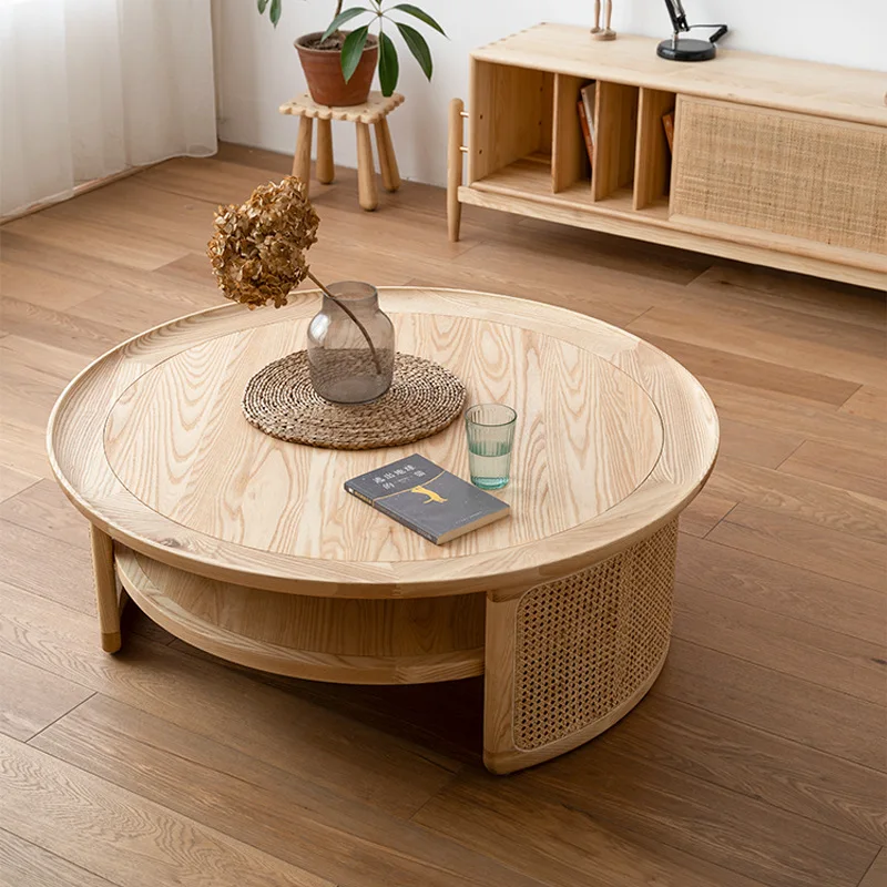 New Chinese solid wood coffee table minimalist living room multi-functional small apartment vintage round tea table side table