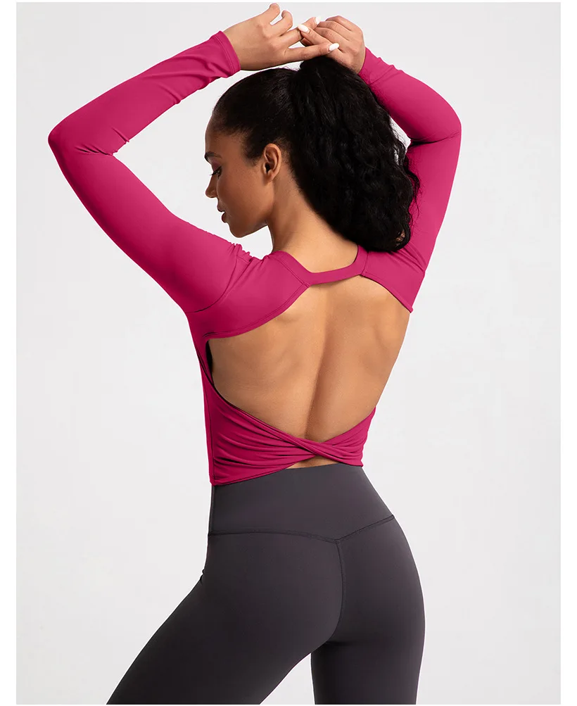 Custom Workout T-shirt Women Backless Yoga Clothing Long Sleeve Crop Tops T Shirts with Padded